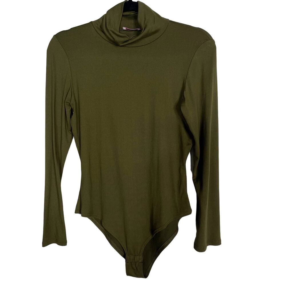 Pink Lily L Olive Green Turtleneck Long Sleeve Bodysuit Mock Neck Lightweight